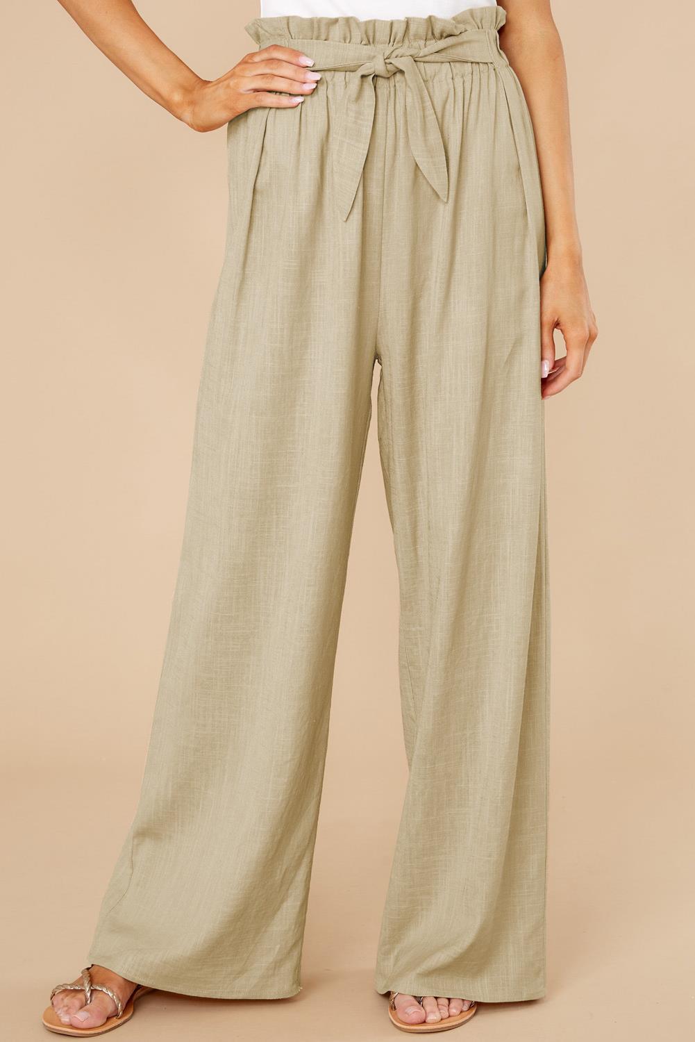 Women’s Wide-Leg Trousers – Cotton Linen Blend – High Waist – Elastic Waist with Tie Belt