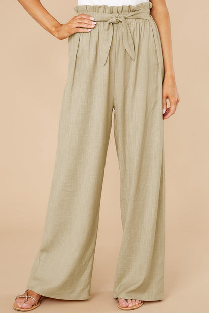 Women’s Wide-Leg Trousers – Cotton Linen Blend – High Waist – Elastic Waist with Tie Belt