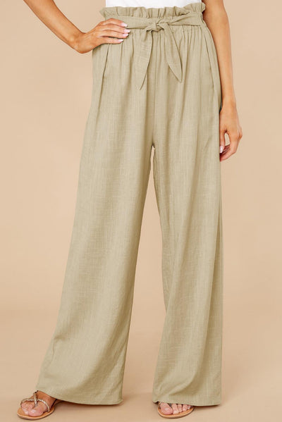 Women’s Wide-Leg Trousers – Cotton Linen Blend – High Waist – Elastic Waist with Tie Belt