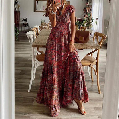 Women’s Maxi Dress – V-Neck – Smocked Bodice – Tiered Skirt – Cotton Blend – Relaxed Fit