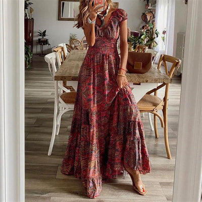 Women’s Maxi Dress – V-Neck – Smocked Bodice – Tiered Skirt – Cotton Blend – Relaxed Fit