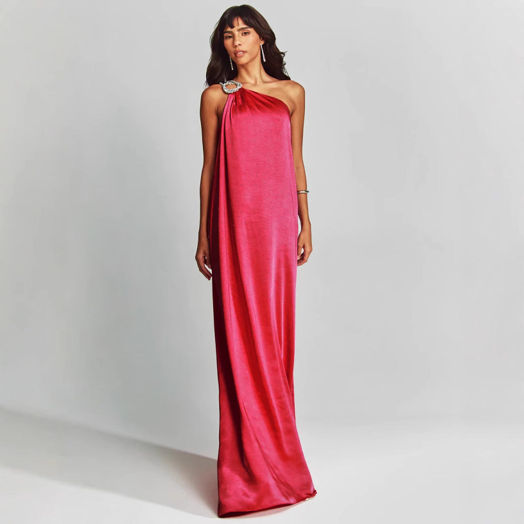 Women’s Evening Dress – Satin One Shoulder – Loose Fit – Embellished Ring – Full Length