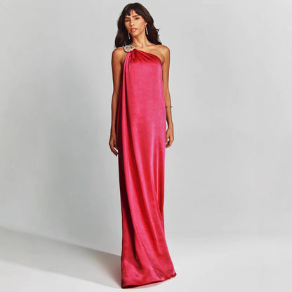 Women’s Evening Dress – Satin One Shoulder – Loose Fit – Embellished Ring – Full Length