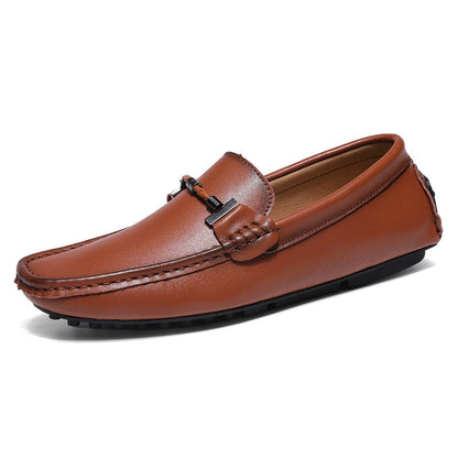 Men’s Loafers – Slip-On Leather – Metal Buckle – Round Toe – Textured Sole