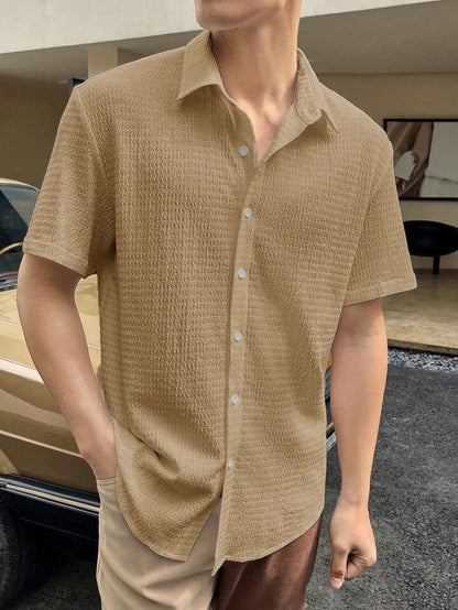 Men’s Short Sleeve Shirt – Cotton Blend – Regular Fit – Textured Button-Front Casual