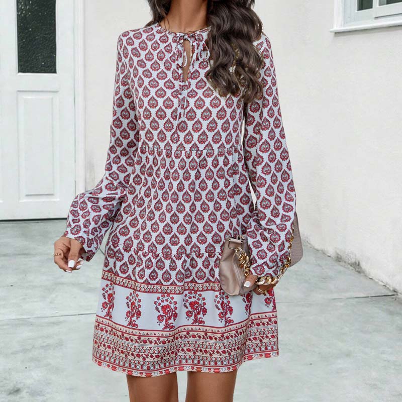 Women's Boho Midi Dress - Flowy Fit - Long Sleeve - Keyhole Neckline - Printed Pattern