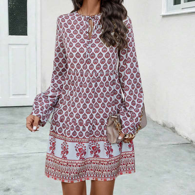 Women's Boho Midi Dress - Flowy Fit - Long Sleeve - Keyhole Neckline - Printed Pattern