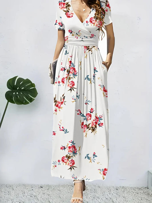 Women’s Wrap Maxi Dress – Floral Print – A-Line Fit – V-Neck – Short Sleeve