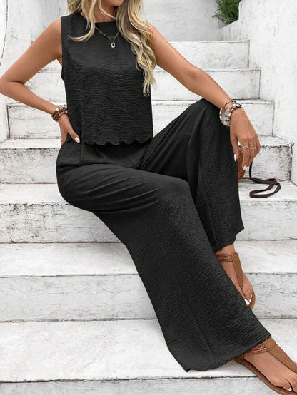 Women’s Wide-Leg Pants – Lightweight Crinkled Fabric – High Waist – Full Length Relaxed Fit