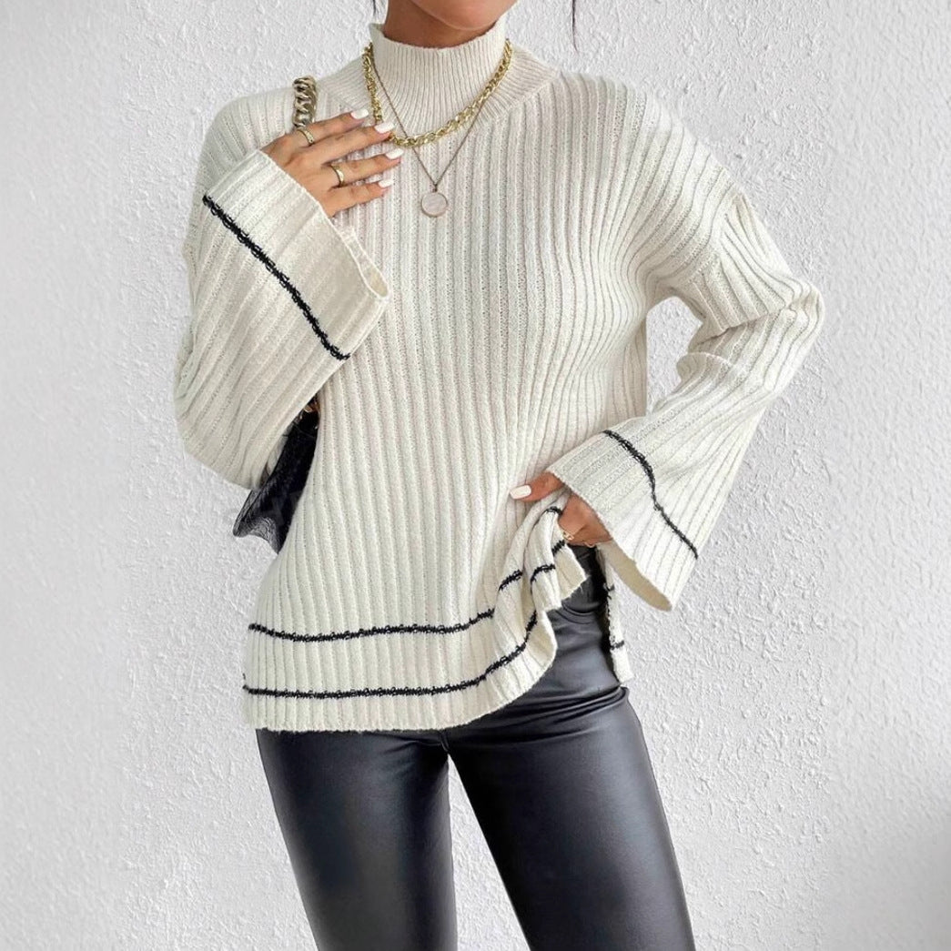 Women’s Knitted Sweater – Oversized Fit – Ribbed Mock Neck – Flared Long Sleeves