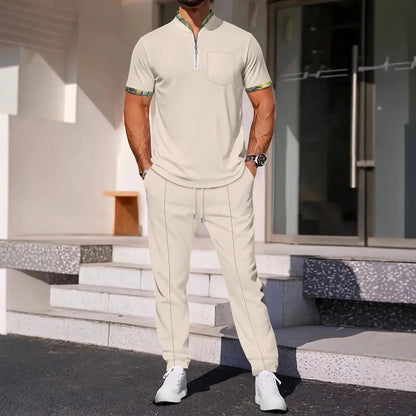 Matching Sport Set – Slim Fit – Zip Neck – Chest Pocket – Cotton Blend – Trim Detail
