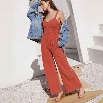 Women’s Jumpsuit – Cotton Linen – Wide Leg – Sleeveless – Elastic Waist – V-Neck