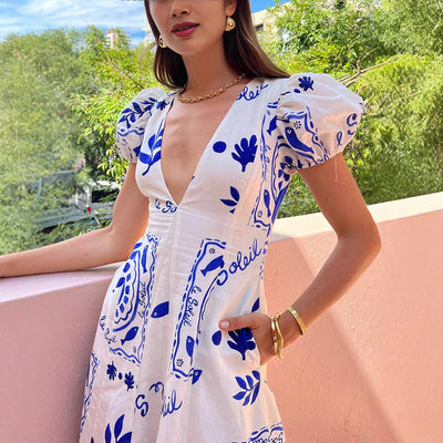 Women’s Maxi Dress – V-Neck – Puff Sleeve – Fitted Bodice – Lightweight Cotton Blend