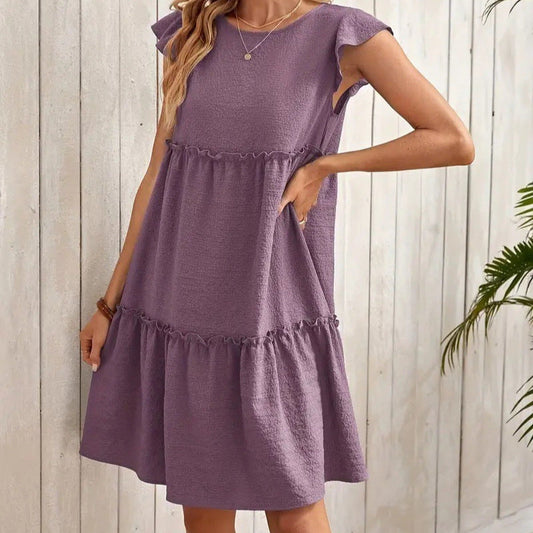 Women’s Short Sleeve Dress – A-Line Relaxed Fit – V-Neck Tiered Ruffle – Lightweight Cotton