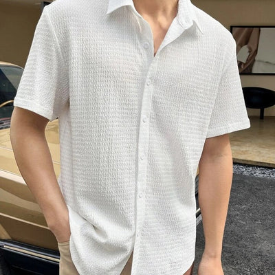 Men’s Short Sleeve Shirt – Cotton Blend – Regular Fit – Textured Button-Front Casual