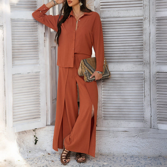 Women’s Two-Piece Set – Relaxed Fit Shirt – High-Waist Wide-Leg Pants – Tie Waist Slit Leg