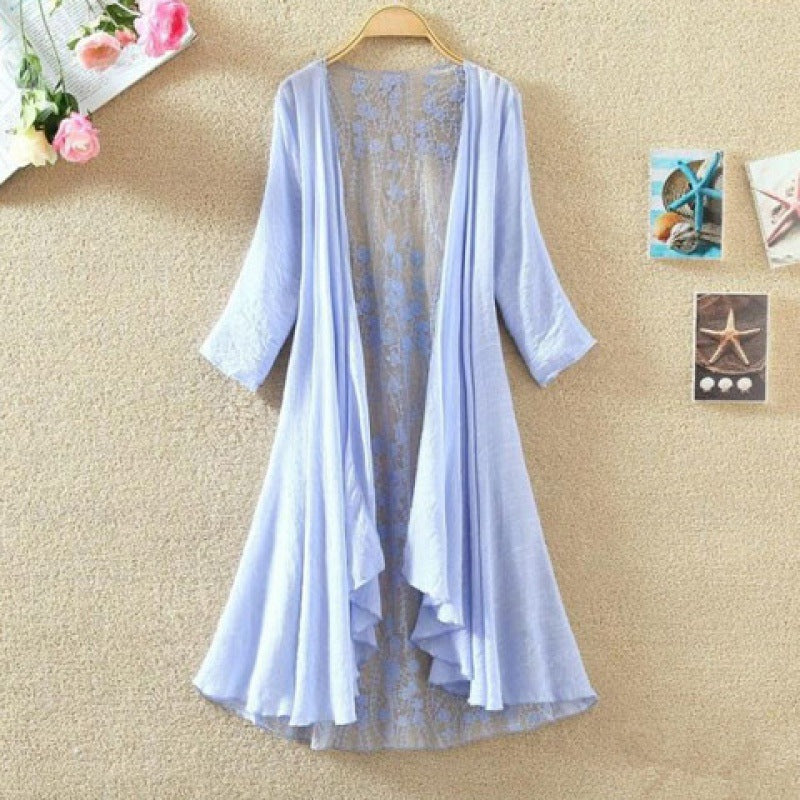 Women’s Mid-Length Cardigan – Lace Back – Open Front – Loose Fit – Breathable Blend