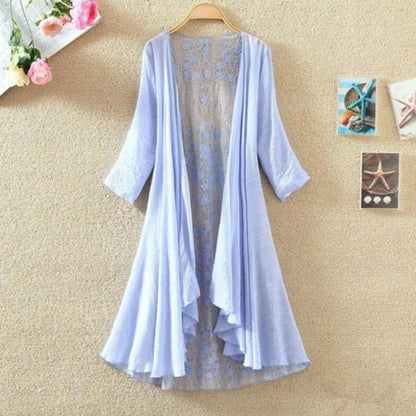 Women’s Mid-Length Cardigan – Lace Back – Open Front – Loose Fit – Breathable Blend