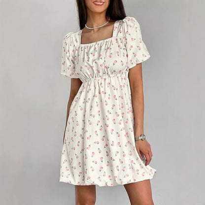 Women’s A-Line Dress – Puff Sleeves – Square Neck – Floral Print – Fitted Waist