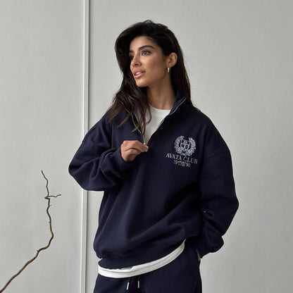 Women’s Half-Zip Sweatshirt – Oversized Fit – Embroidered Front – Soft Cotton Blend