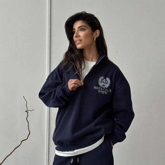 Women’s Half-Zip Sweatshirt – Oversized Fit – Embroidered Front – Soft Cotton Blend