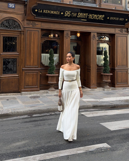 Women’s Off-Shoulder Dress – Fitted Bodice – Long Sleeve – Pleated Full-Length Skirt