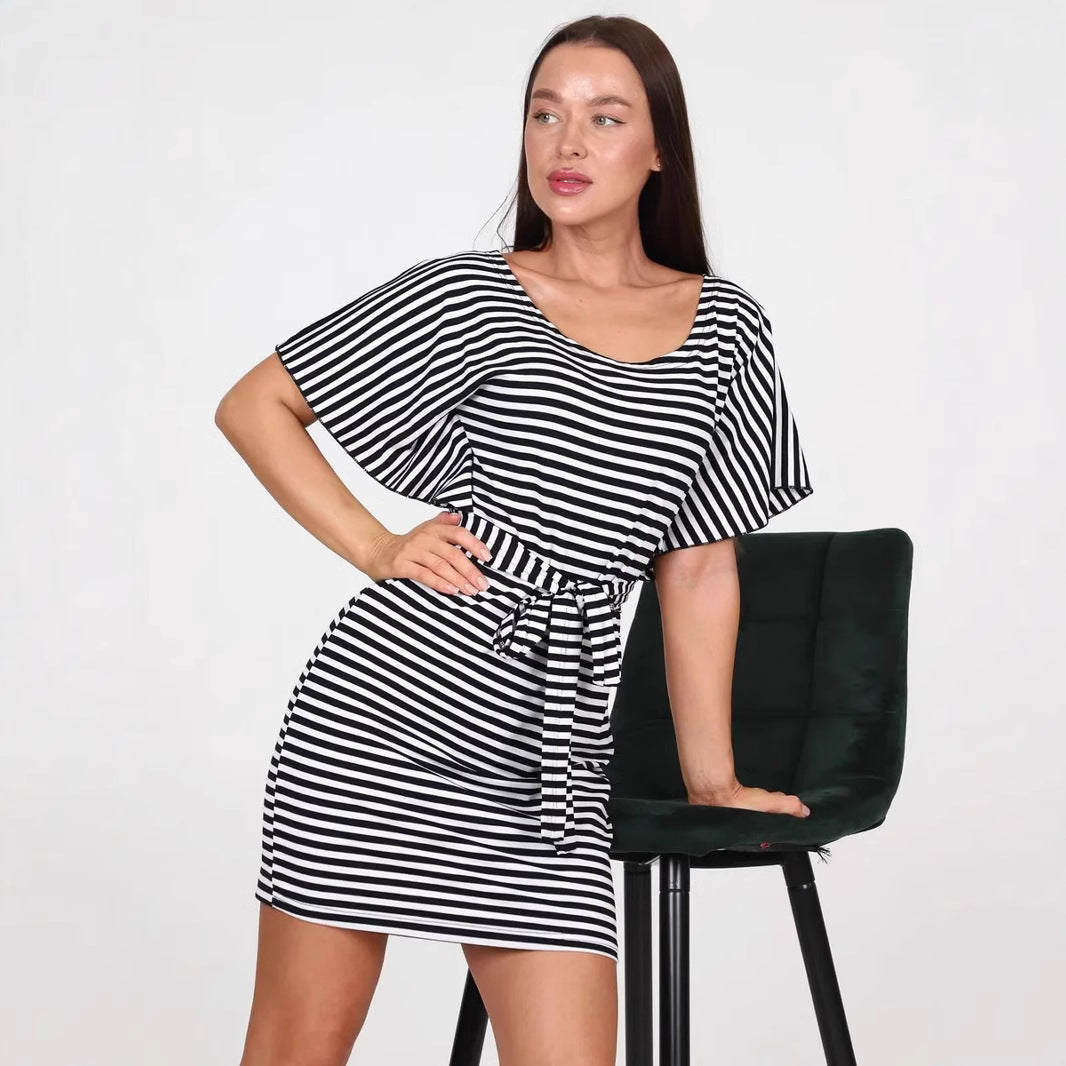 Women’s Mini Dress – Slim Fit – Striped – Short Sleeve – Belted Waist – Round Neck