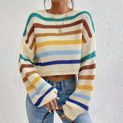 Women’s Knit Sweater – Oversized Fit – Crew Neck – Striped Pattern – Dropped Shoulders