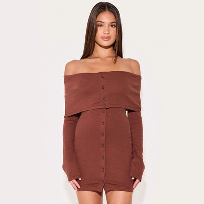 Women’s Off-Shoulder Dress – Slim Fit – Ribbed Knit – A-Line Mini – Button Front