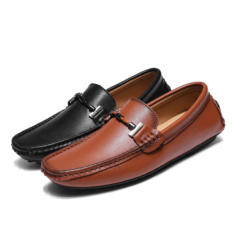 Men’s Loafers – Slip-On Leather – Metal Buckle – Round Toe – Textured Sole