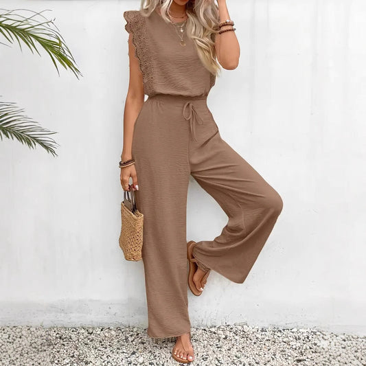 Women’s Loungewear Set – Sleeveless Lace Trim Top – Wide-Leg Drawstring Pants