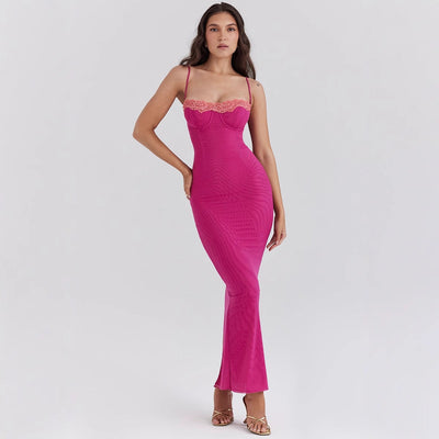 Women’s Maxi Dress – Slim Fit – Lace Trim – Bustier Top – Spaghetti Straps – Sheer Hem