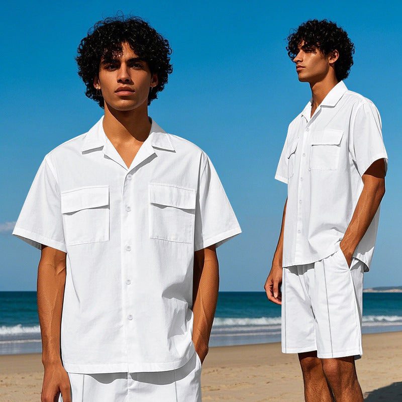 Men’s Shirt and Shorts Set – Relaxed Fit – Button-Down Top – Drawstring Waist – Breathable Blend