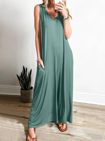 Women’s Maxi Dress – Soft Knit – Relaxed Fit – Sleeveless V-Neck with Pockets