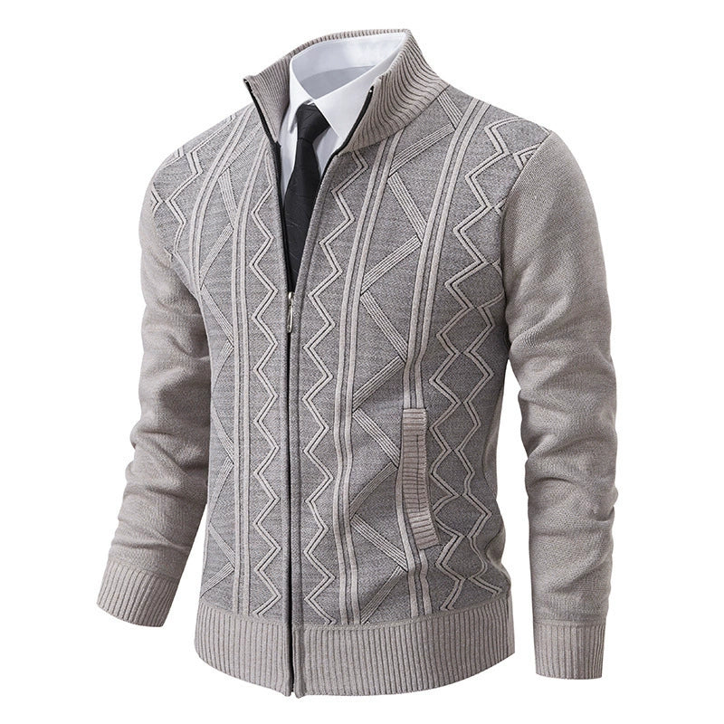 Men’s Cardigan Jacket – Wool Knit – Tailored Fit – Stand Collar – Zipper Closure