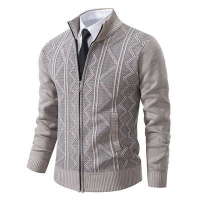 Men’s Cardigan Jacket – Wool Knit – Tailored Fit – Stand Collar – Zipper Closure