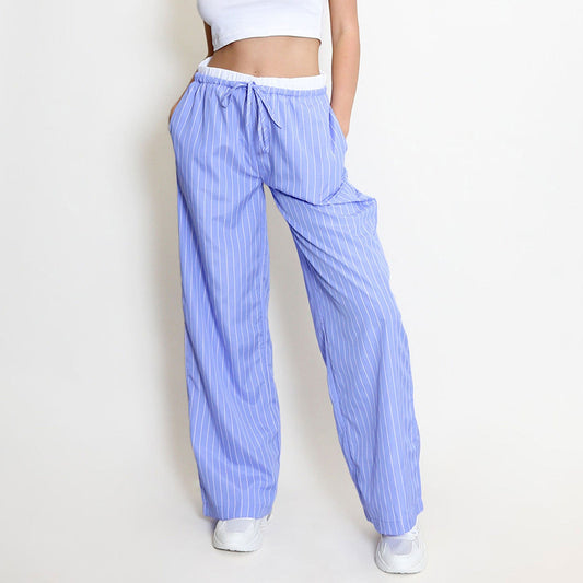 Women’s Wide-Leg Pants – Cotton Blend – Relaxed Fit – Drawstring Waist – Striped Pattern