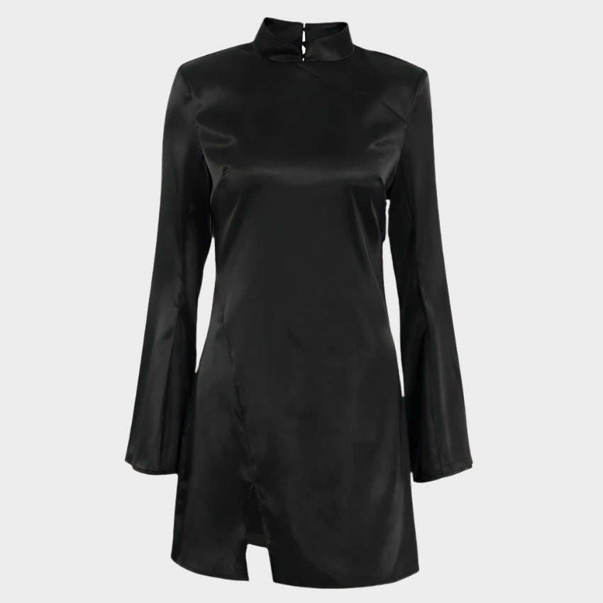 Women’s Mini Dress – Satin – Form-Fitting – Stand Collar – Bell Sleeve – Slit Hem