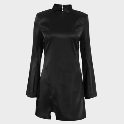 Women’s Mini Dress – Satin – Form-Fitting – Stand Collar – Bell Sleeve – Slit Hem