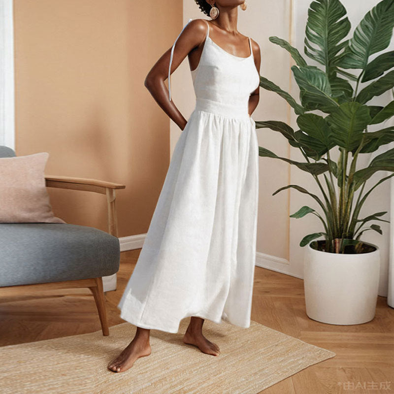 Women’s Midi Dress – V-Neck – Flared Skirt – Open Back – Adjustable Tie Straps
