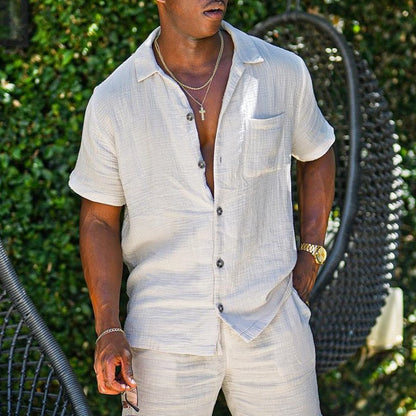 Men’s Button-Up Shirt – Cotton Linen Blend – Relaxed Fit – Short Sleeve Casual