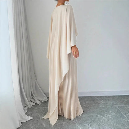 Women’s Maxi Dress – High Neck – Batwing Sleeves – Pleated Skirt – Flowing Fit