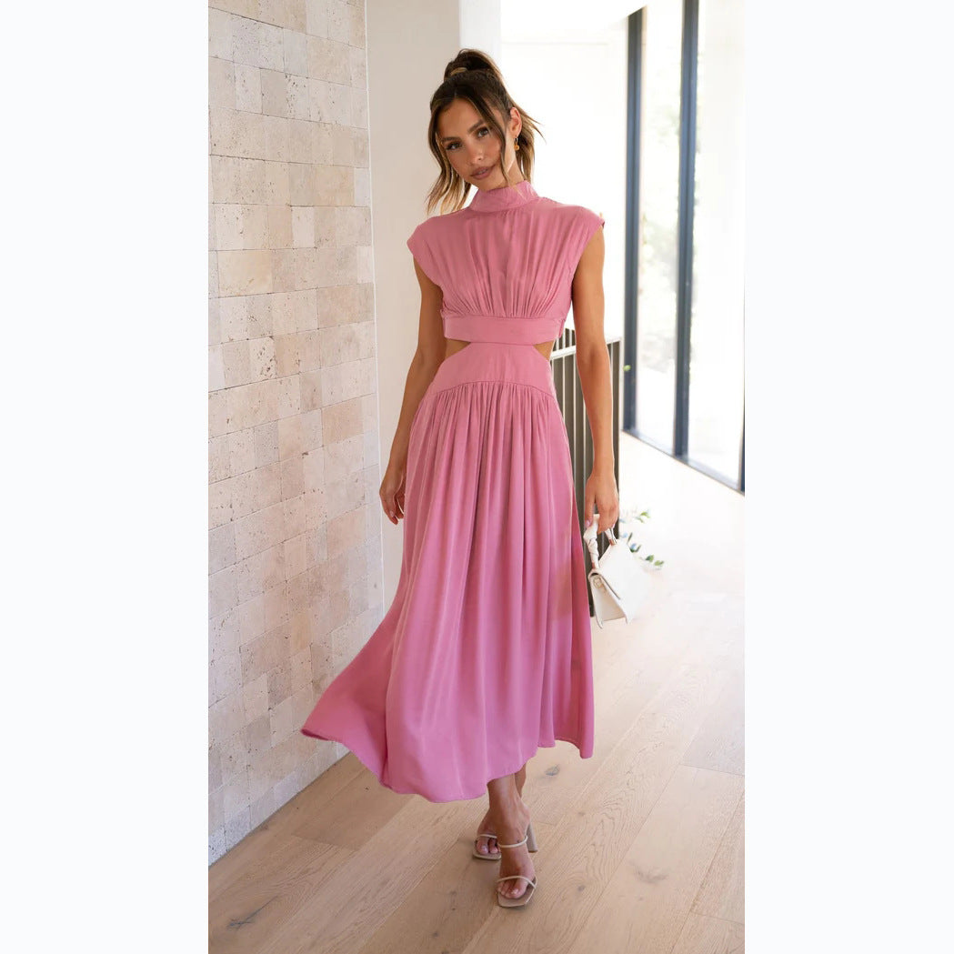 Women's Summer Stand Collar Mid Dress - Waist-Baring Design - Macaron Color