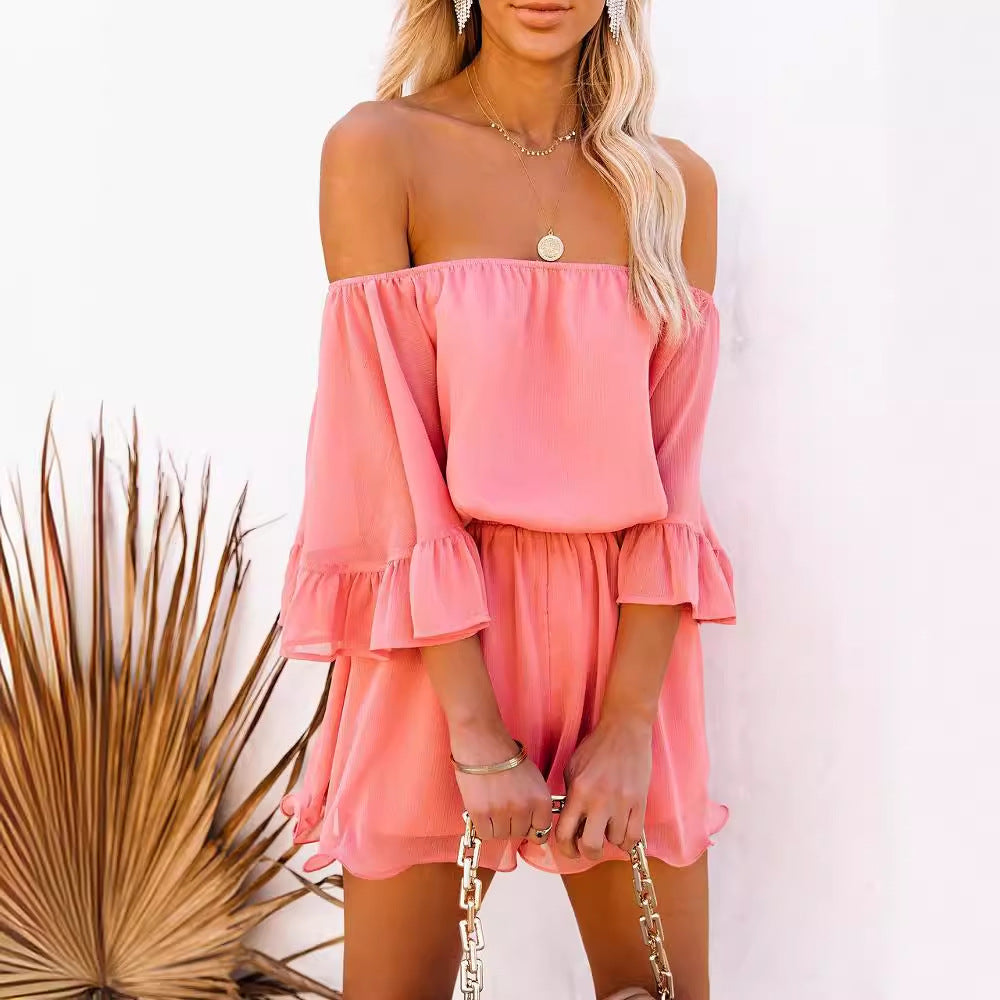 Women's Off-Shoulder Romper - Flowy Sleeves - Elastic Waist - Lightweight Casual Wear