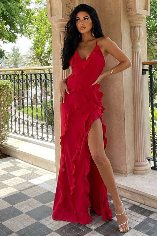Women's Evening Maxi Dress - Deep V-Neck - Elegant Ruffle Design - Side Slit