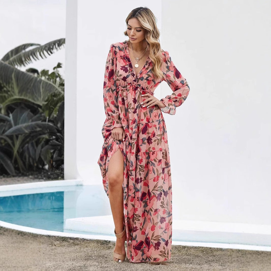 Women’s Maxi Dress – Chiffon – Bohemian Fit – V-Neck – Long Sleeve – Floral Print
