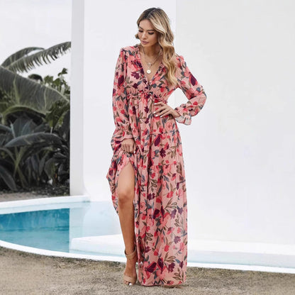 Women’s Maxi Dress – Chiffon – Bohemian Fit – V-Neck – Long Sleeve – Floral Print