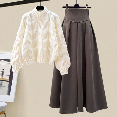 Women's Cable-Knit Sweater & High-Waisted A-Line Skirt – Relaxed Fit – Long Sleeve Crew Neck
