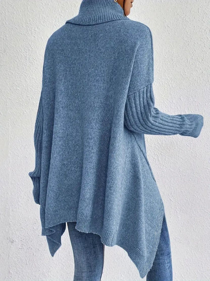 Women’s Turtleneck Sweater – Oversized Fit – Wool Knit – Asymmetrical Hem – Ribbed Sleeves