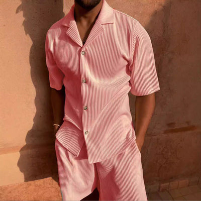 Men’s Casual Set – Button-Up Shirt & Shorts – Relaxed Fit Textured Fabric